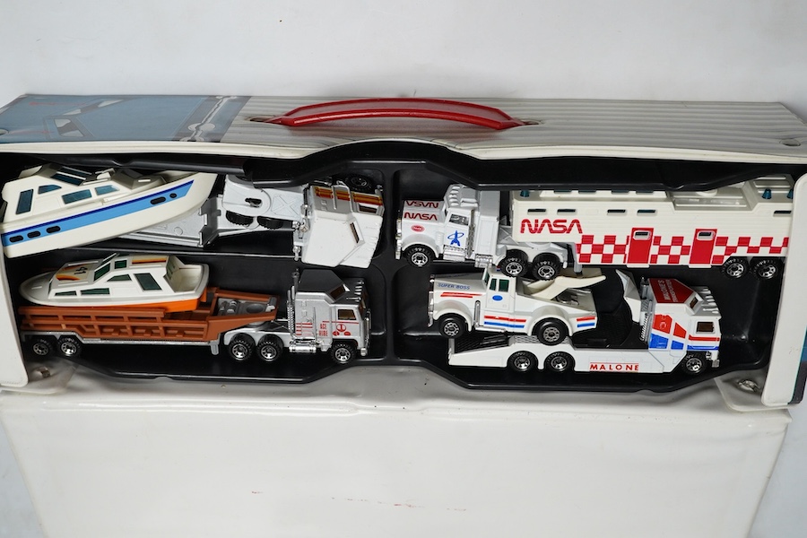 A collection of Matchbox Series, etc. including; three Matchbox Series plastic carry cases and an additional four Matchbox inner trays from carry cases, three Matchbox Convoy carry cases in the form of articulated lorrie